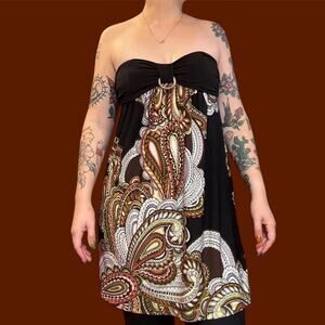 Y2k indie bohemian paisley orange brown strapless midi dress womens size medium
